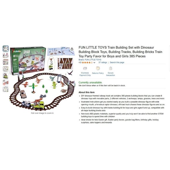Train Building Set W/Dinosaur Building Blocks Tracks Bricks 385 Pcs Toy Party Fa - Picture 3 of 7